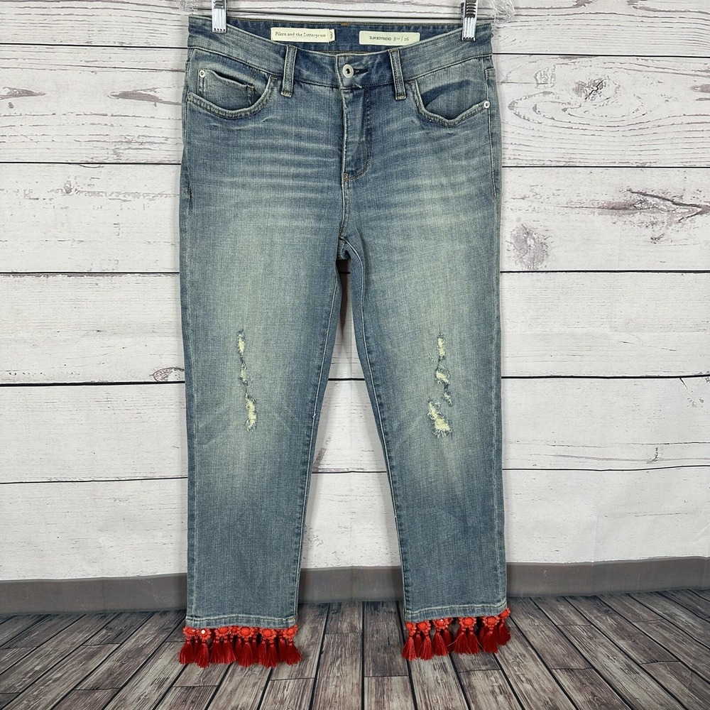 Anthropologie Pilcro Jeans Womens 26 Blue Slim Boyfriend Crop Beaded‎ Tassel Hem